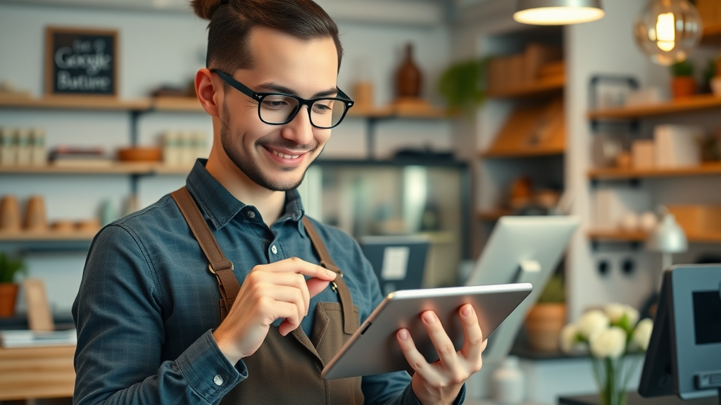 confident small business manager verifying google business profile on tablet in cozy shop