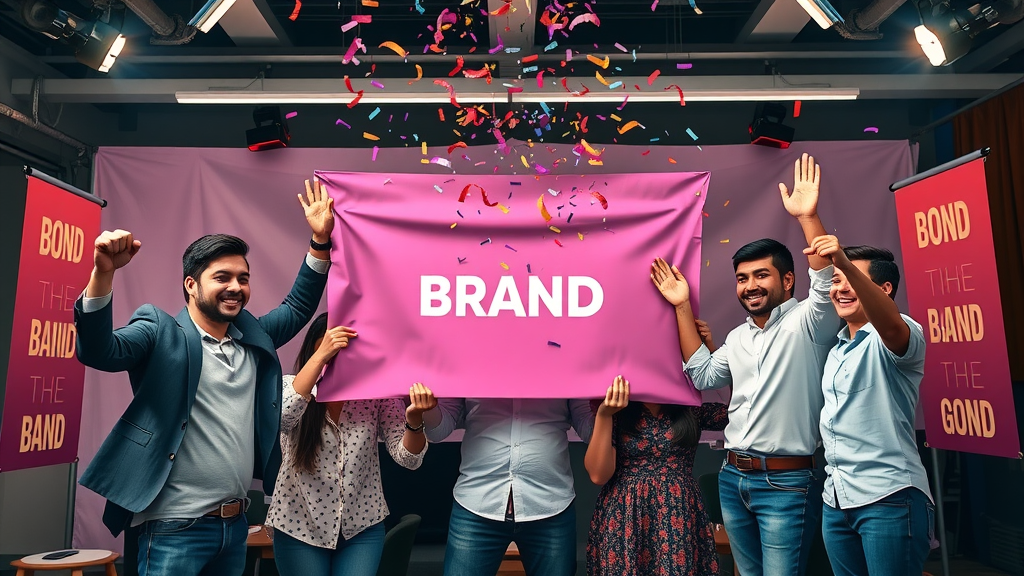 team celebrating unveiling brand identity materials, symbolizing strong brand awareness