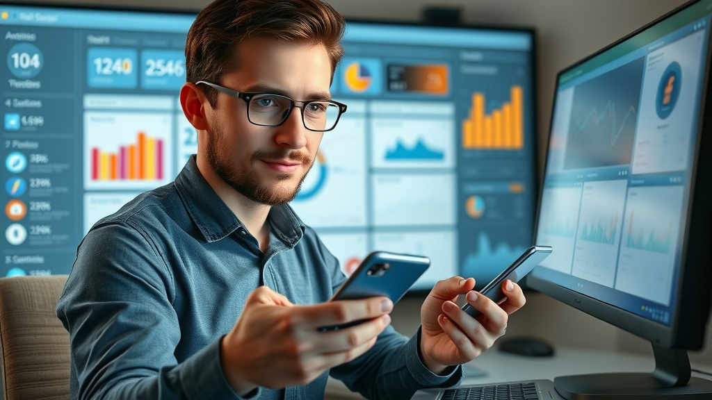 tech-savvy marketer using Google My Business dashboard scheduling posts and analyzing insights