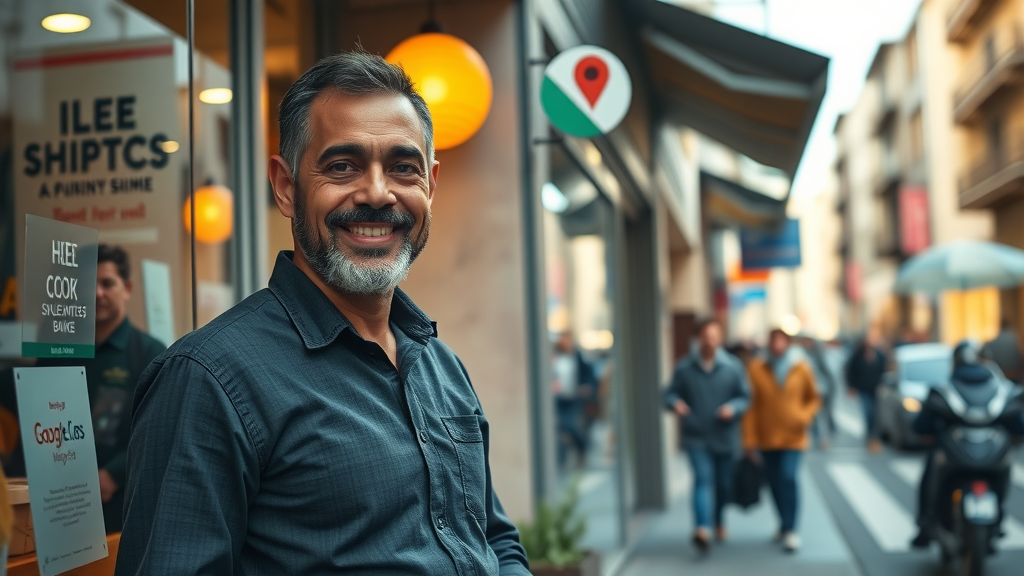 google local business optimization busy storefront, business owner welcoming customers, Google Maps pin visible in urban setting