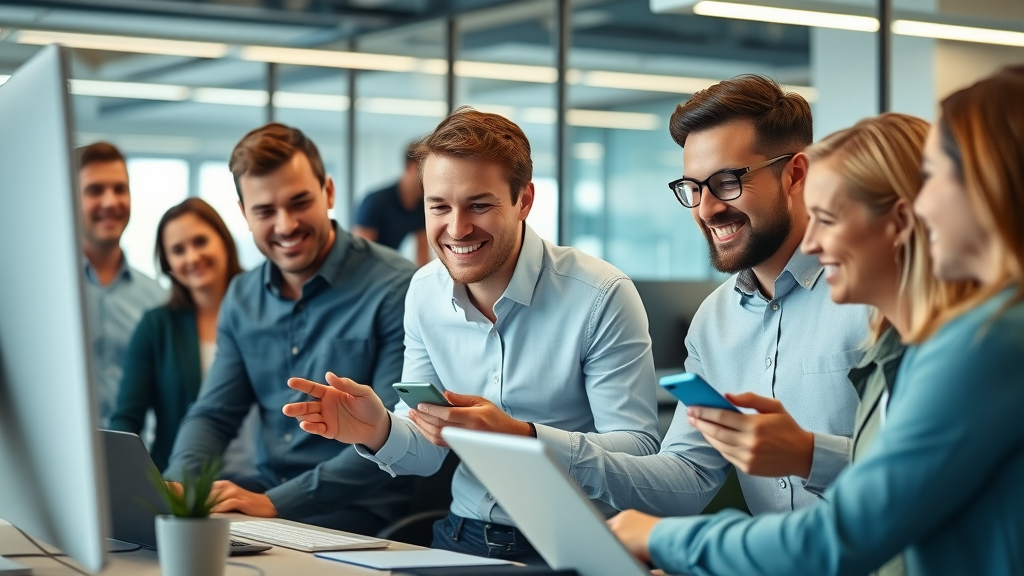 dynamic, busy marketing team at work, smiling, discussing SMS campaign performance. Modern office with digital screens showing message open rates. customer engagement sms.