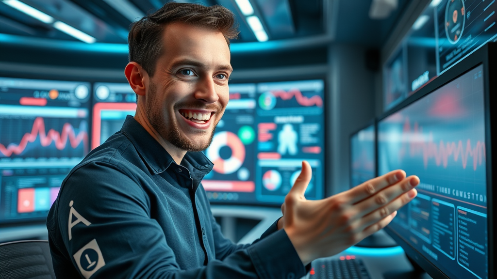 digital marketer using AI tools and automation dashboards in futuristic workspace