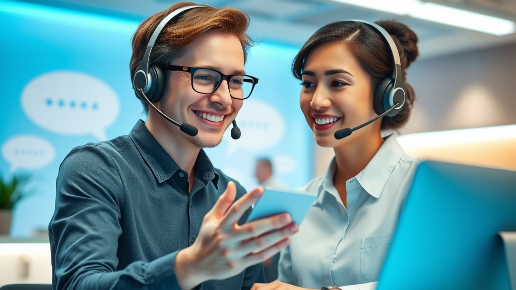 empathetic customer support agent assisting a smiling customer, reflecting excellent customer service
