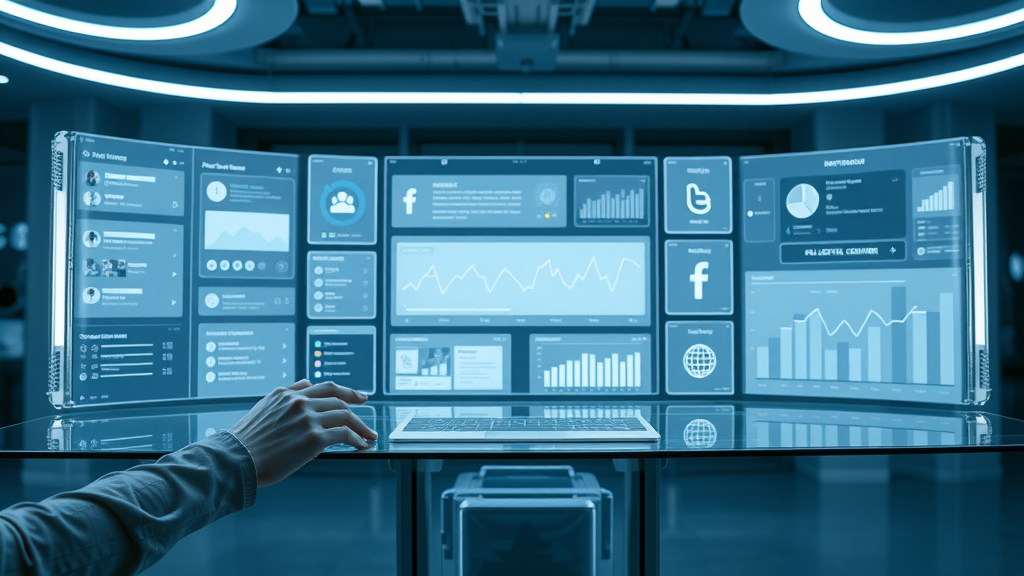 sleek user interface of social media management dashboard, clean design, displaying analytics, monitoring, and engagement panels, Futuristic Sci_Fi, transparent glass desk with digital projections, highly detailed, hover elements and soft UI glow, blue and gray tones, ambient lighting in tech-themed room, shot with a 24mm lens. Social media reputation management tools dashboard