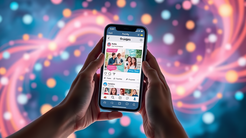 hands holding smartphone posting on social media, vibrant digital world, sharing and scheduling content