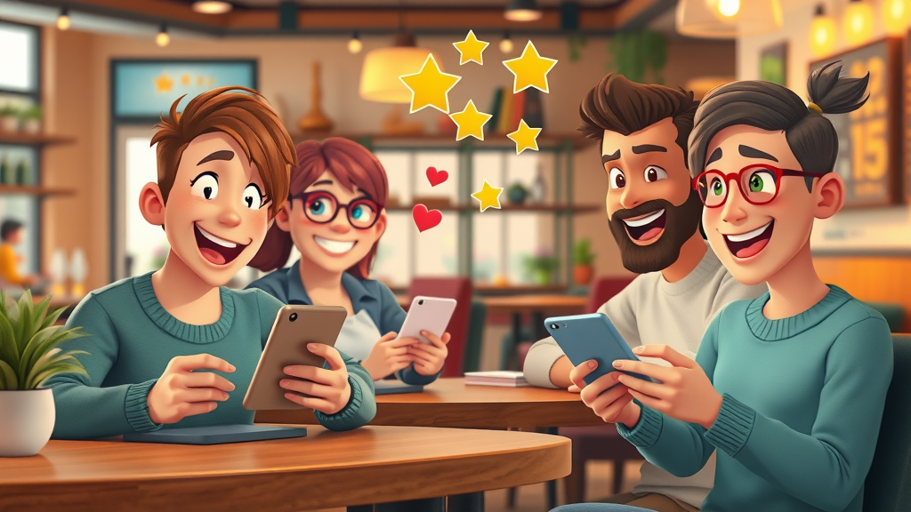 happy customers leaving online brand reviews, representing positive brand reputation