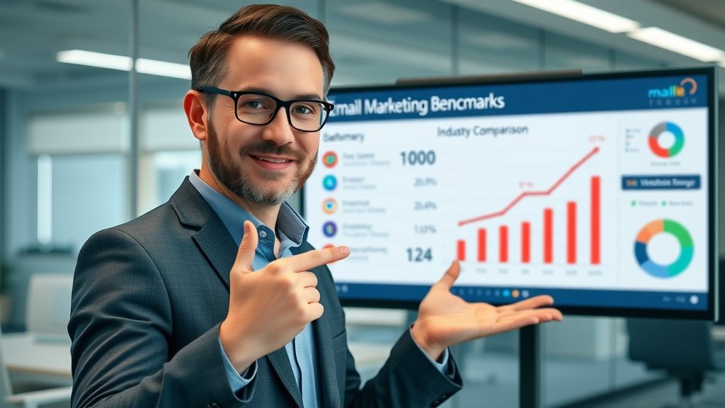 business analyst presenting email marketing benchmarks, industry open rates, click rates comparison on digital screen in a modern office