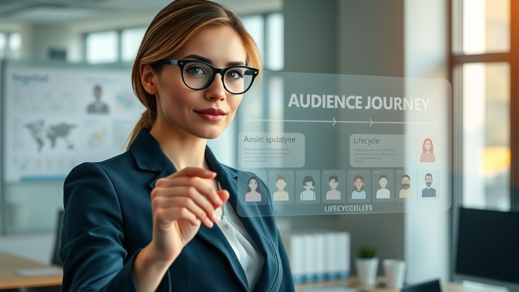 media content strategy businesswoman mapping audience journey with touchpoints