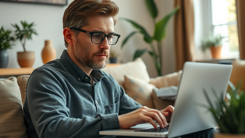 user writing a thoughtful customer review on a laptop at home