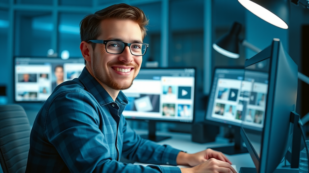 digital marketer launching social media campaign, confident expression, high-tech workspace, trending posts on monitor