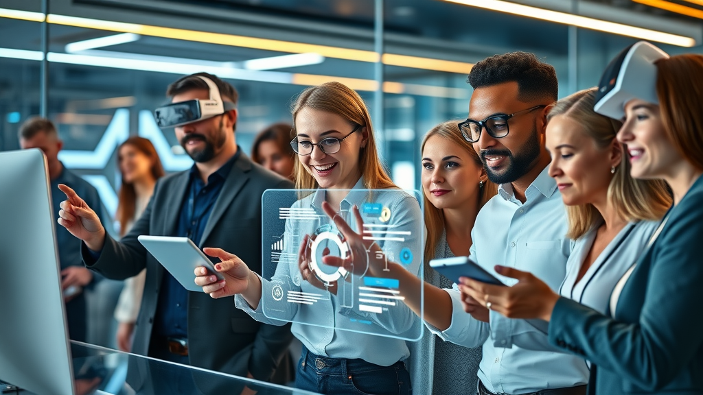 marketers using AR VR and digital marketing platforms in sleek workspace