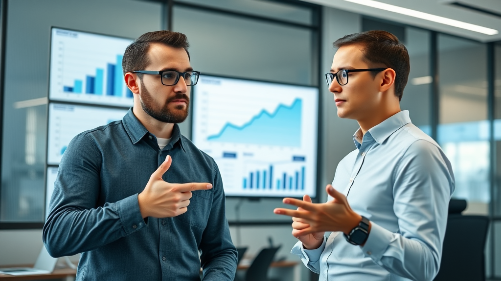 professional marketers analyzing growth charts for social media posting, neutral blue and gray tones, modern office, upward-trending statistics