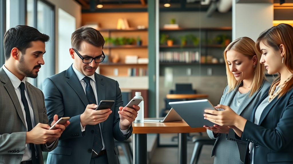 B2B executives and B2C professionals using smartphones, analyzing sms marketing statistics in a business and retail setting, sms market strategies