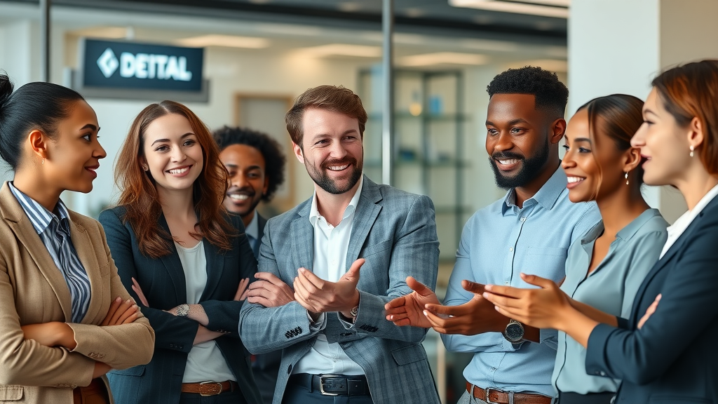 professional diverse business team engaging in discussion to boost brand trust, modern office with digital branding elements