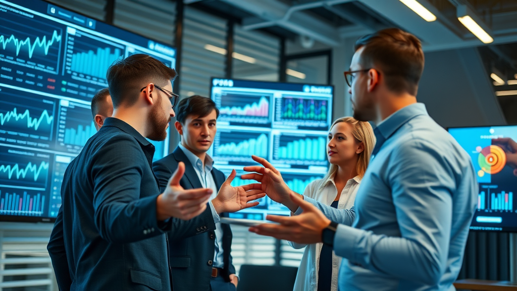 Dynamic marketers analyzing real-time social media analytics dashboards in a modern office - social media analytics