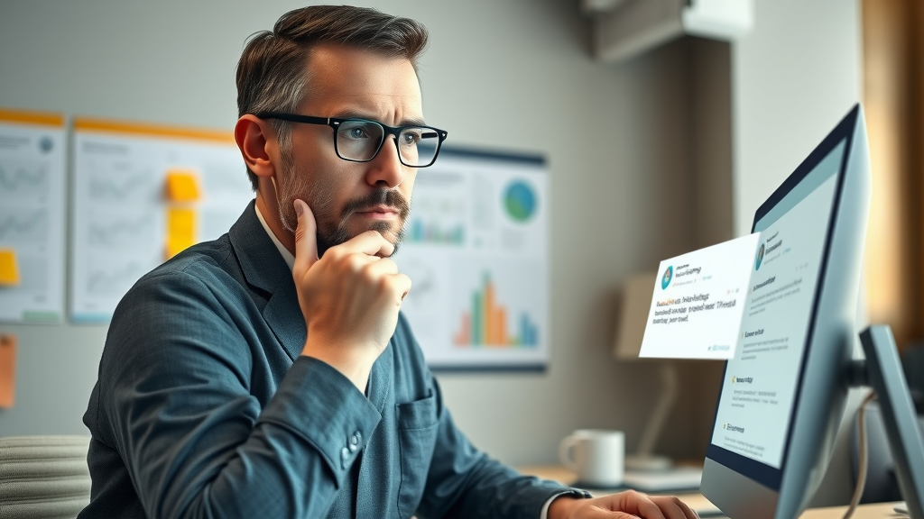Concerned business owner reviews online reputation management dashboard