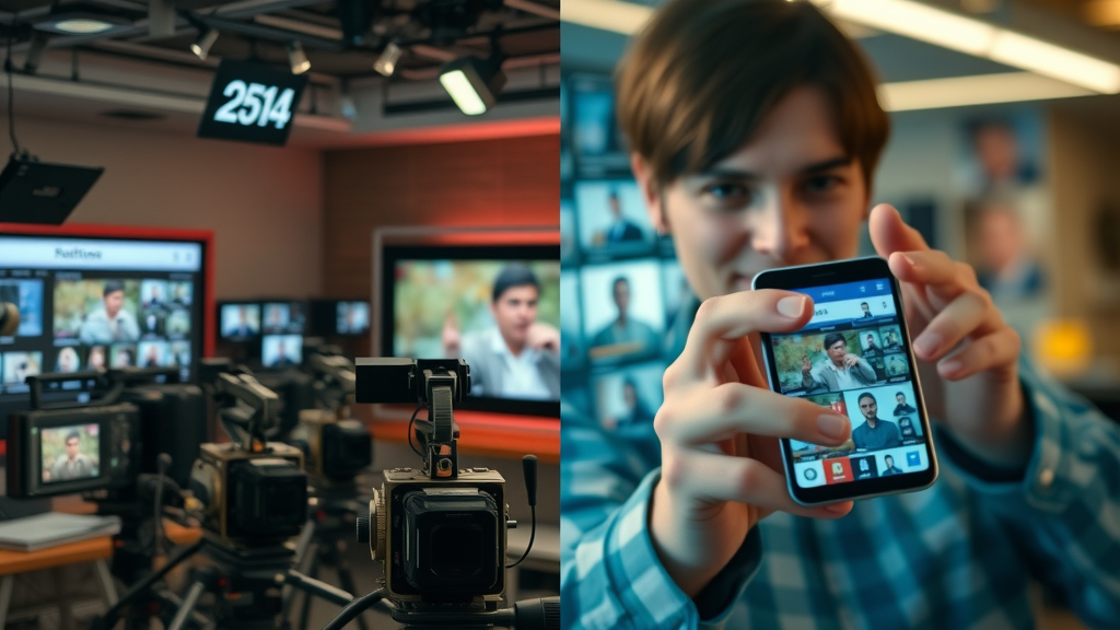 Split-screen of traditional and modern social media channels - media channels