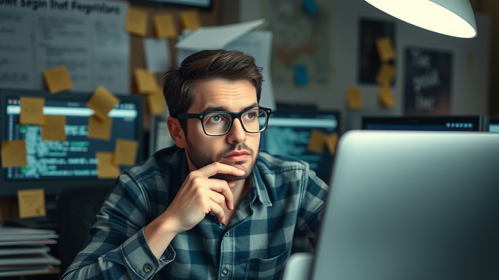 Email marketer encountering email segmentation errors and correcting sticky notes, thoughtful and organized workspace, error codes on screens