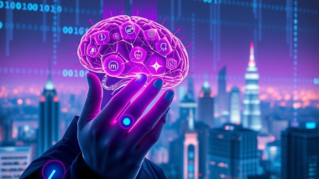 AI-powered interface managing online reputation with digital brain and news feeds in a futuristic cityscape