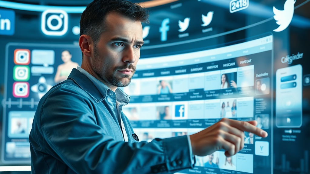 social media strategist planning content calendar on touchscreen, structuring media posts, digital interfaces for various platforms