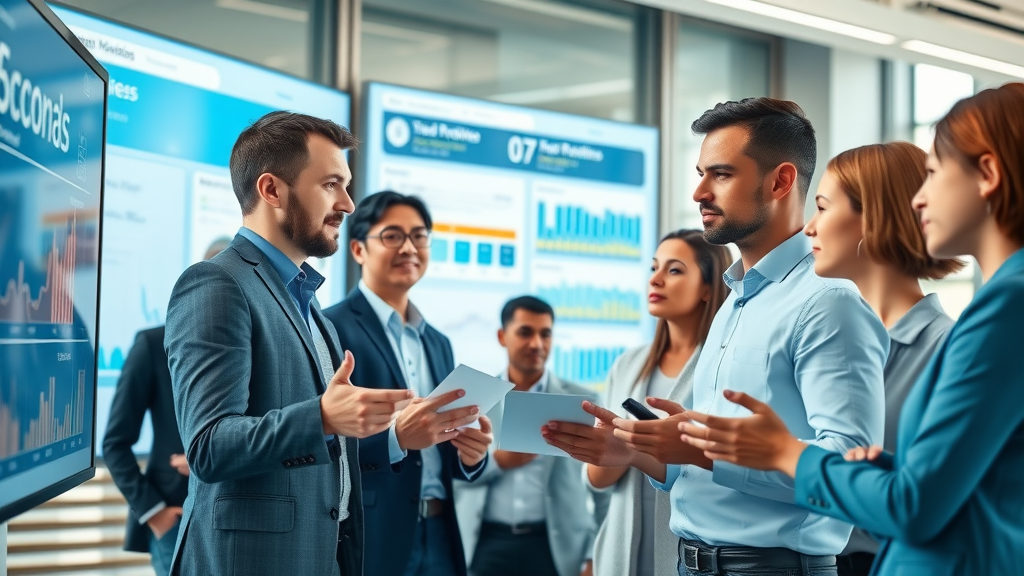 insightful business team analyzing digital reputation statistics with reputation monitoring tools in a modern office
