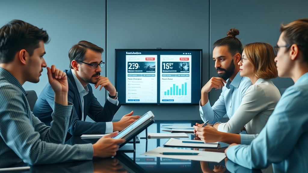 Entrepreneurs discussing email marketing campaign statistics during a business meeting