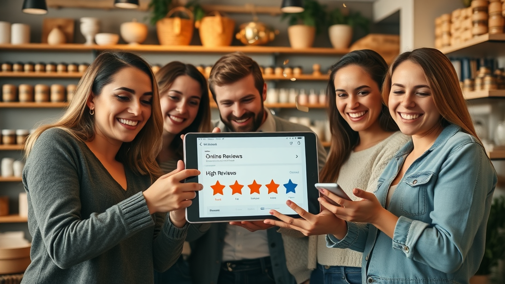 Happy small business team celebrating outstanding online reviews, brand reputation, online reputation marketing strategies, boutique, high ratings, joyful team, positive reviews, golden hour light