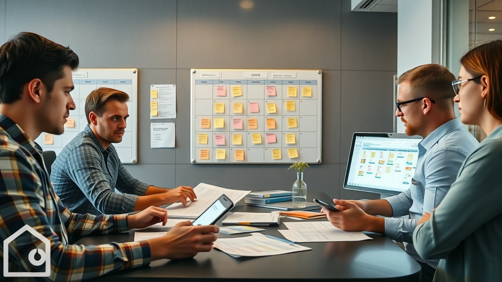 content strategy team building content calendar with scheduling boards and digital screens