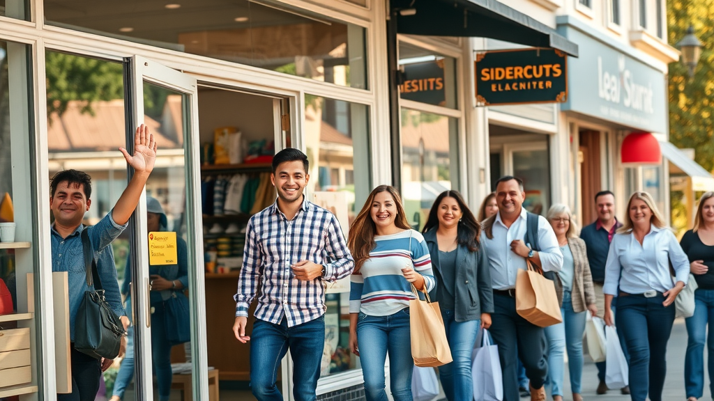 local business storefront with satisfied customers and store employee waving, highly detailed, sunny afternoon
