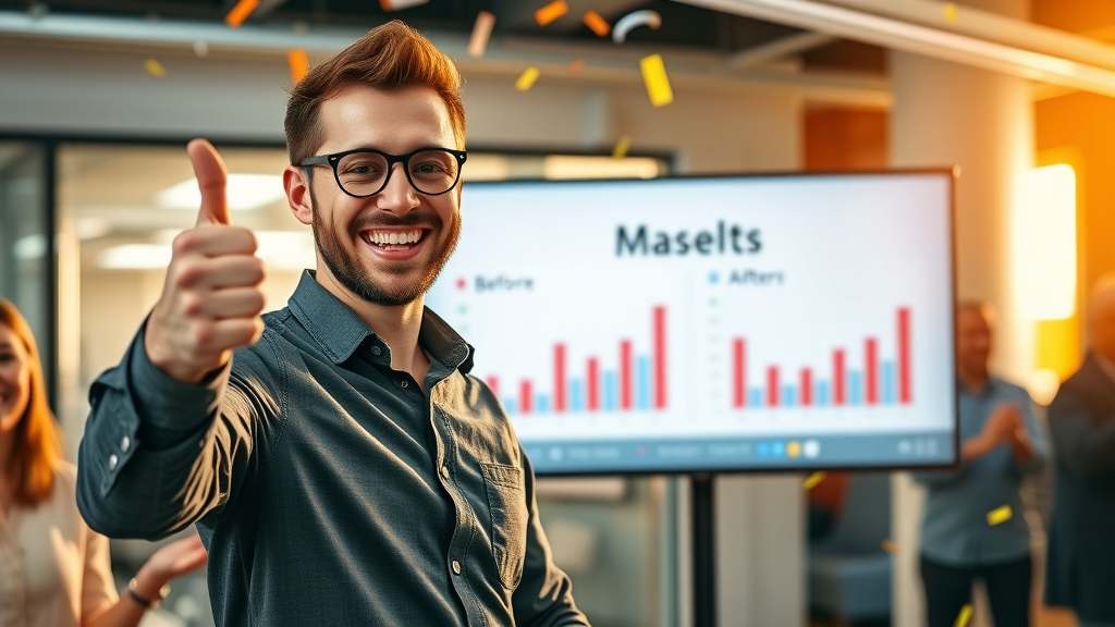 successful marketer celebrating outstanding email campaign click rate results, presenting before-and-after analytics in vibrant startup office