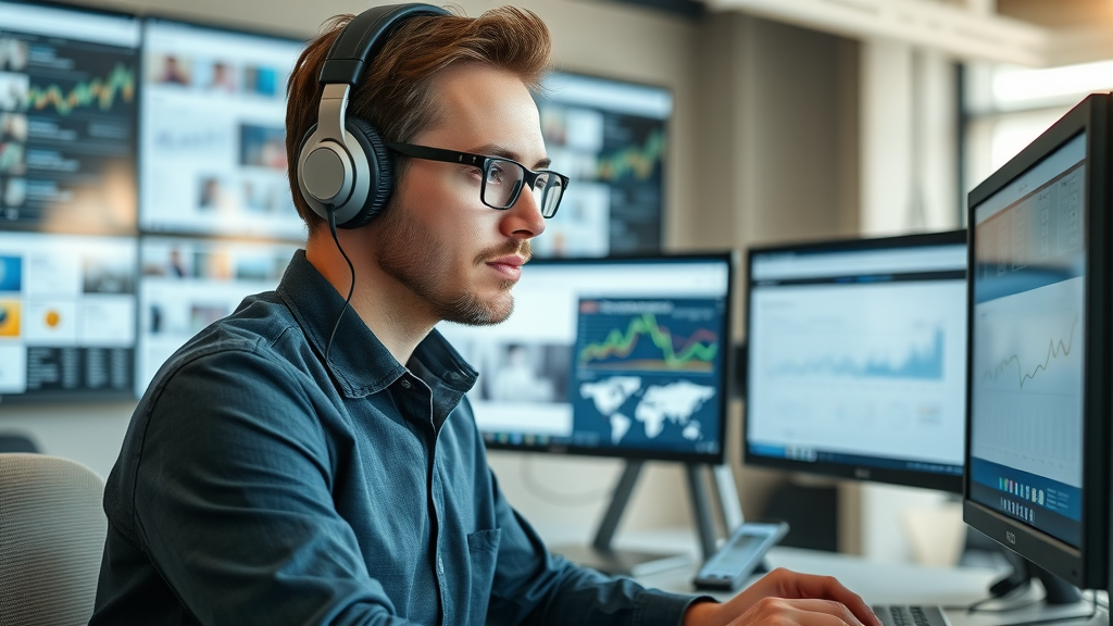Marketing analyst monitoring social conversations and analytics data - social listening