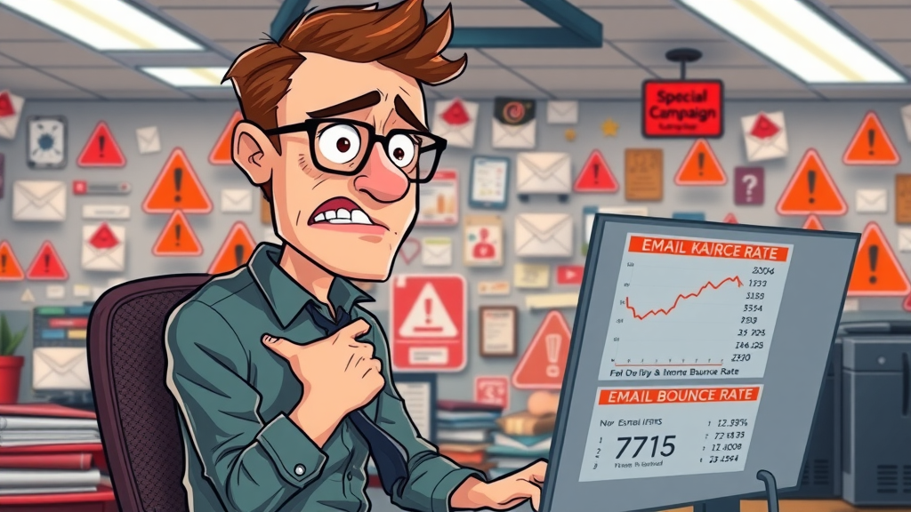 concerned marketer reviewing high email campaign bounce rate, struggling with low click-through rates in cluttered office