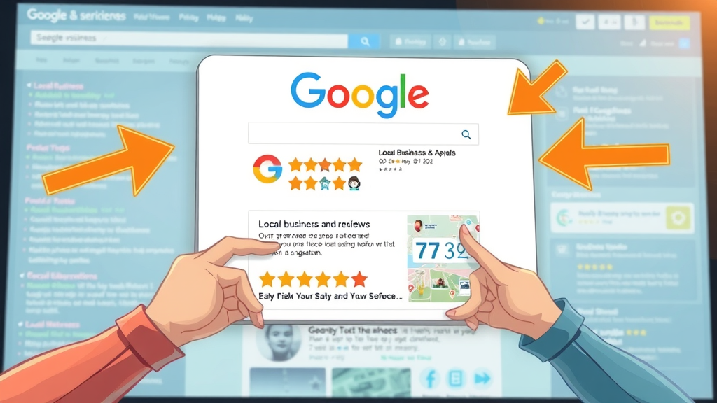 Google search page highlighting local business with stars and reviews, arrows showing increased business profile visibility