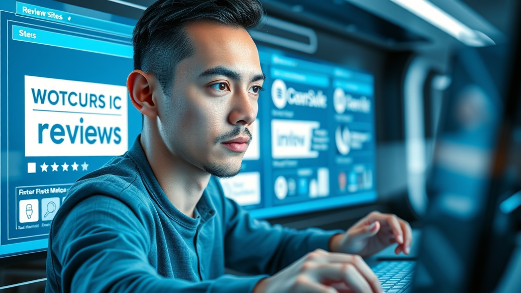 screen displaying digital review sites and user browsing for customer reviews