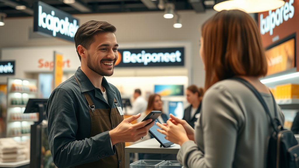 friendly staff member politely asking customer for review at checkout counter in local business