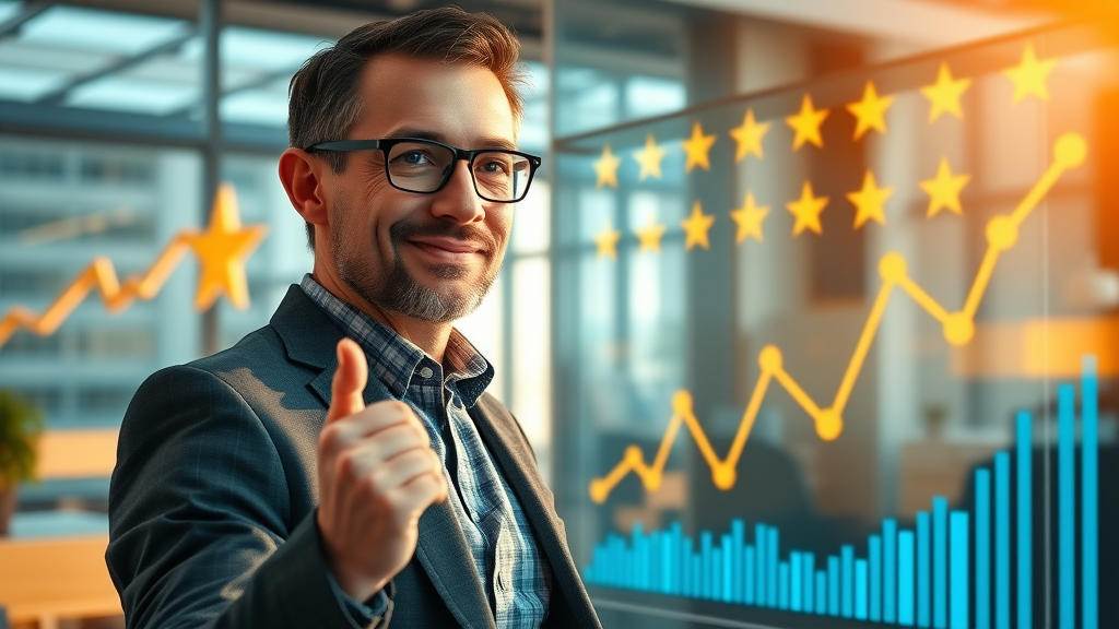 Entrepreneur overseeing positive brand reputation growth charts and review stars, online reputation, morning sunlight