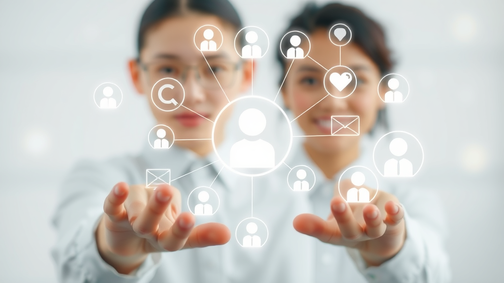 Online reputation management digital icons representing social media, search, reviews, and digital PR, interconnected in a modern digital world