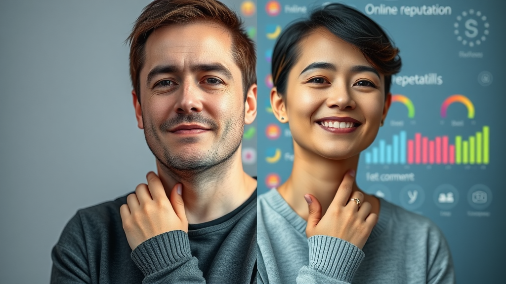 side-by-side transformation of online brand reputation, left side showing negative comments and stress, right side showing positive engagement and relief, High Fidelity Lifelike, abstract digital background with emotive icons and progress bars, highly detailed, distinct color transition from gray to vibrant, balanced studio lighting, shot with a 50mm lens. Social media reputation improvement case study