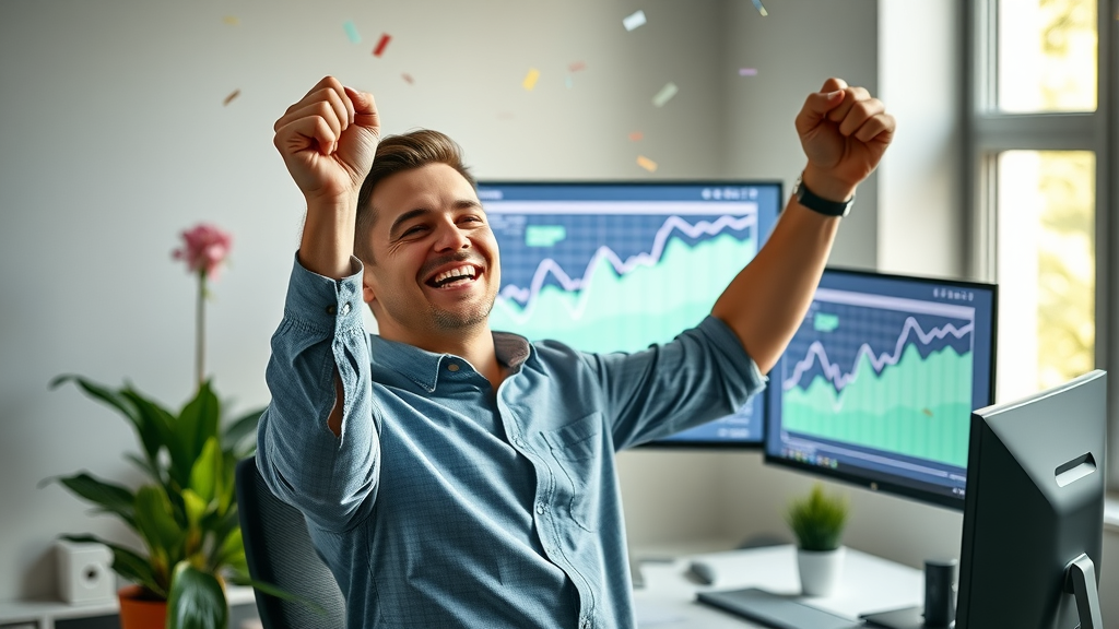 Inspired marketer celebrating growth as upward-trending analytics appear on screen - social media analytics