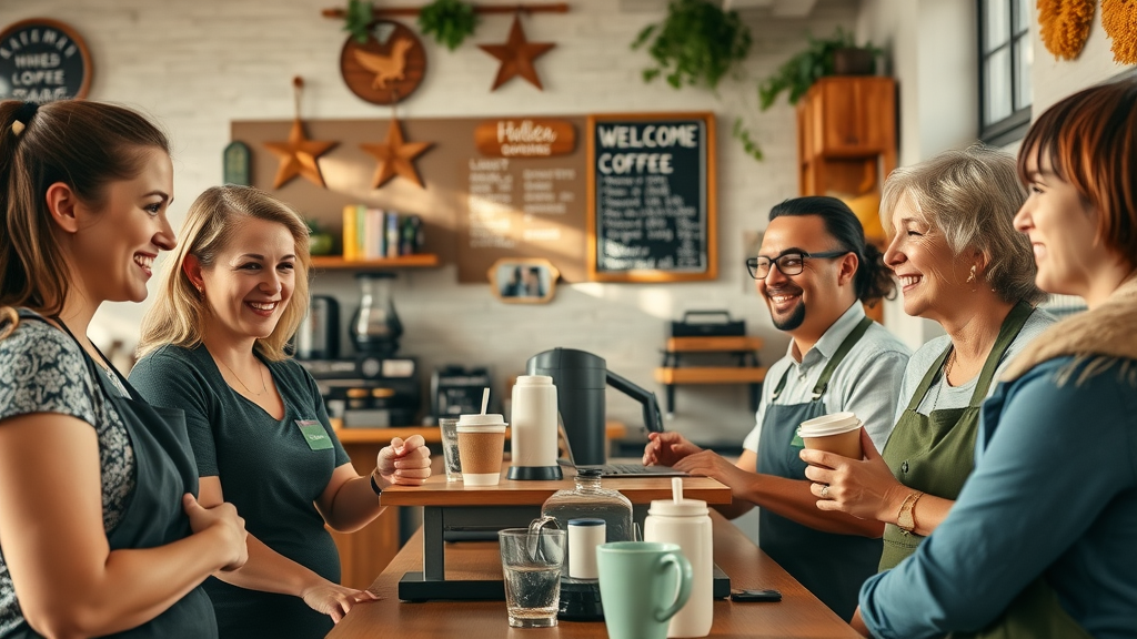 local business employees discussing neighborhood events with customers