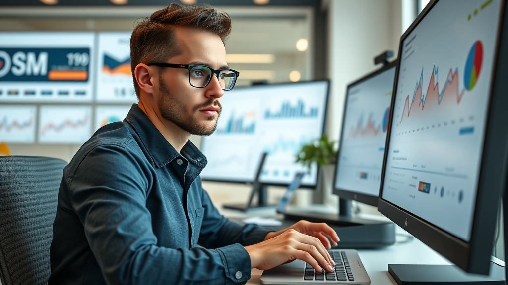sms marketing automation digital marketer at computer reviewing campaign analytics