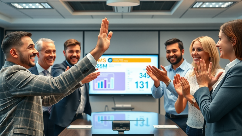 successful business teams celebrating the achievements of their sms marketing campaigns shown on digital displays