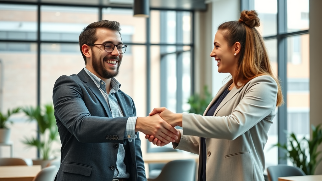 influencer and business representative shaking hands, smiling, establishing partnership, Photorealistic High Fidelity Lifelike, modern co-working space with social media icons subtly in the background, highly detailed, spontaneous celebratory motion, vibrant colors, natural daylight through large windows, shot with a 50mm lens. Positive social reputation partnership