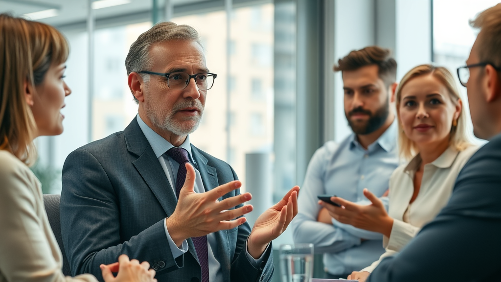 authoritative business leader explaining brand reputation strategy in a modern meeting room