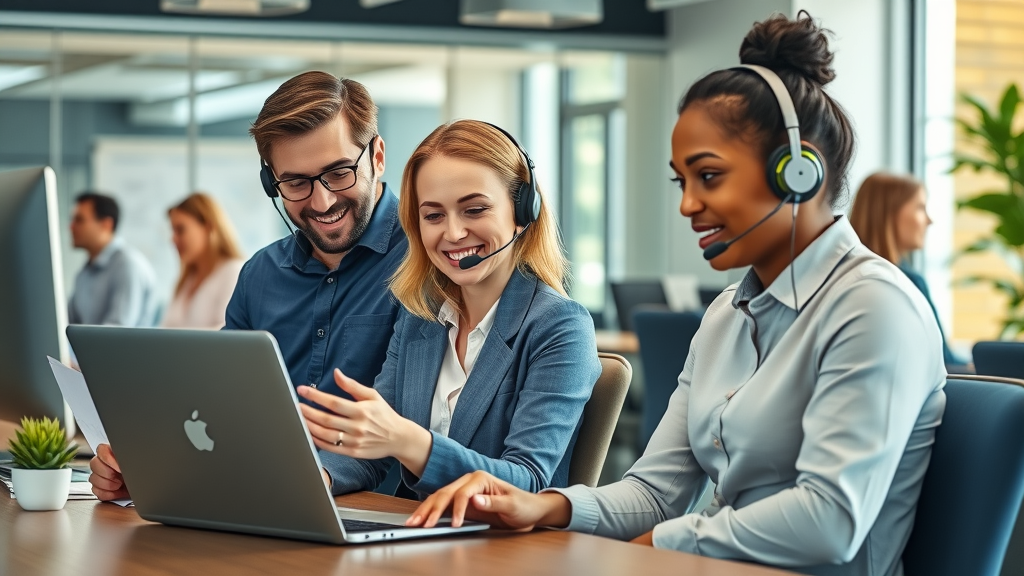 customer service team responding to negative customer reviews in a modern office