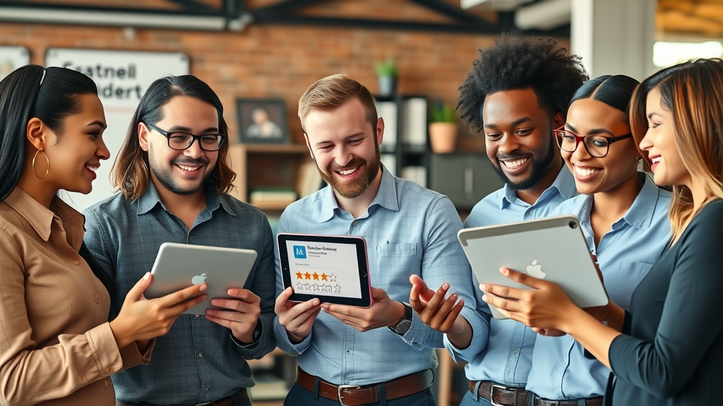Small business team collaborating on customer reviews management strategy with digital review platforms