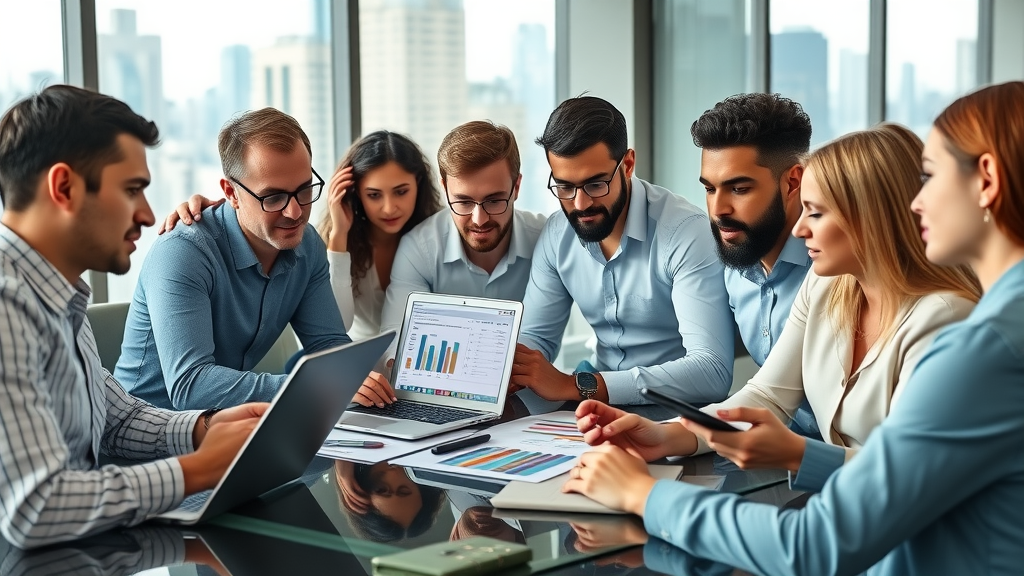 business marketers analyzing sms marketing statistics on digital screens and mobile devices in a modern office with city skyline, sms market data discussion