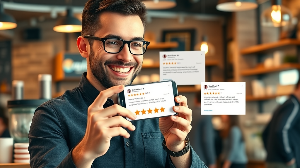 entrepreneur showcasing five star reviews for higher local search ranking