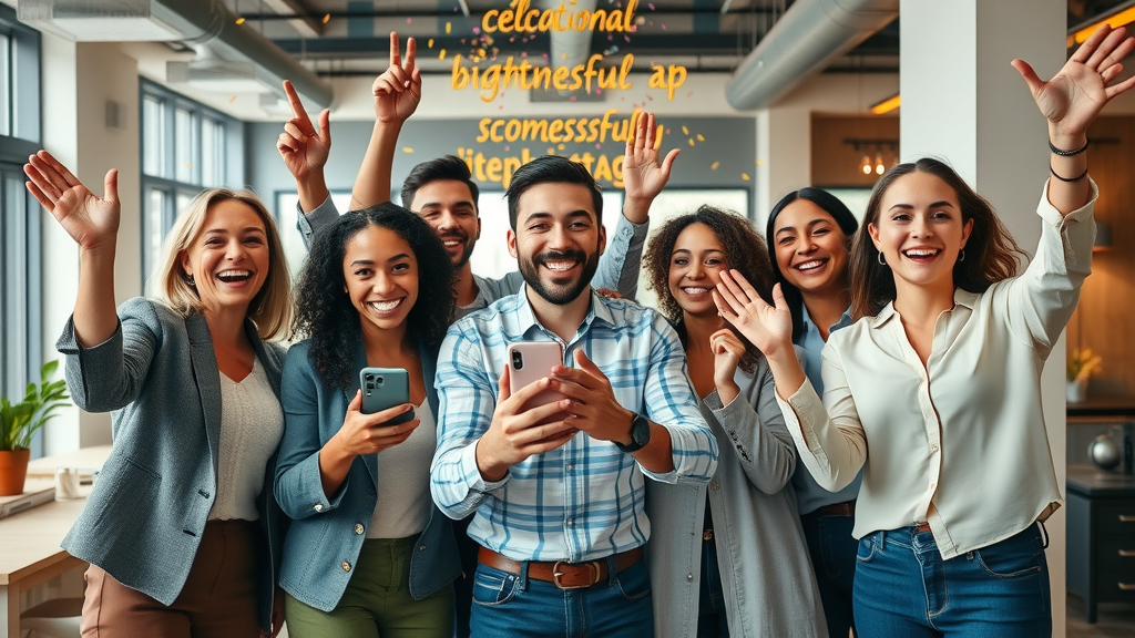 Happy business team celebrating a successful mobile app marketing campaign. Mobile marketing campaign success in a creative agency.