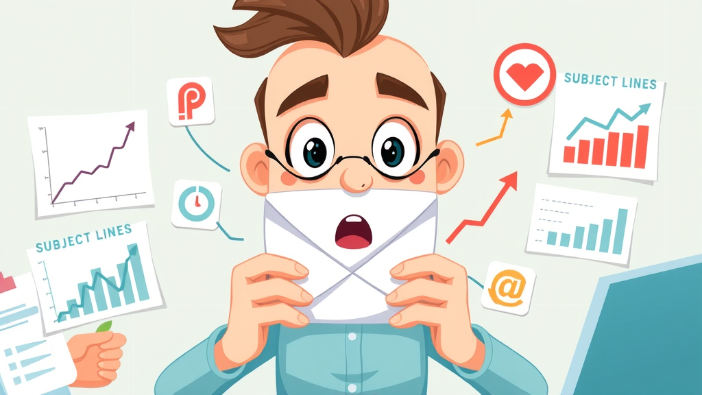 dynamic infographic icons representing email open rate metrics including subject lines, timing, and segmentation